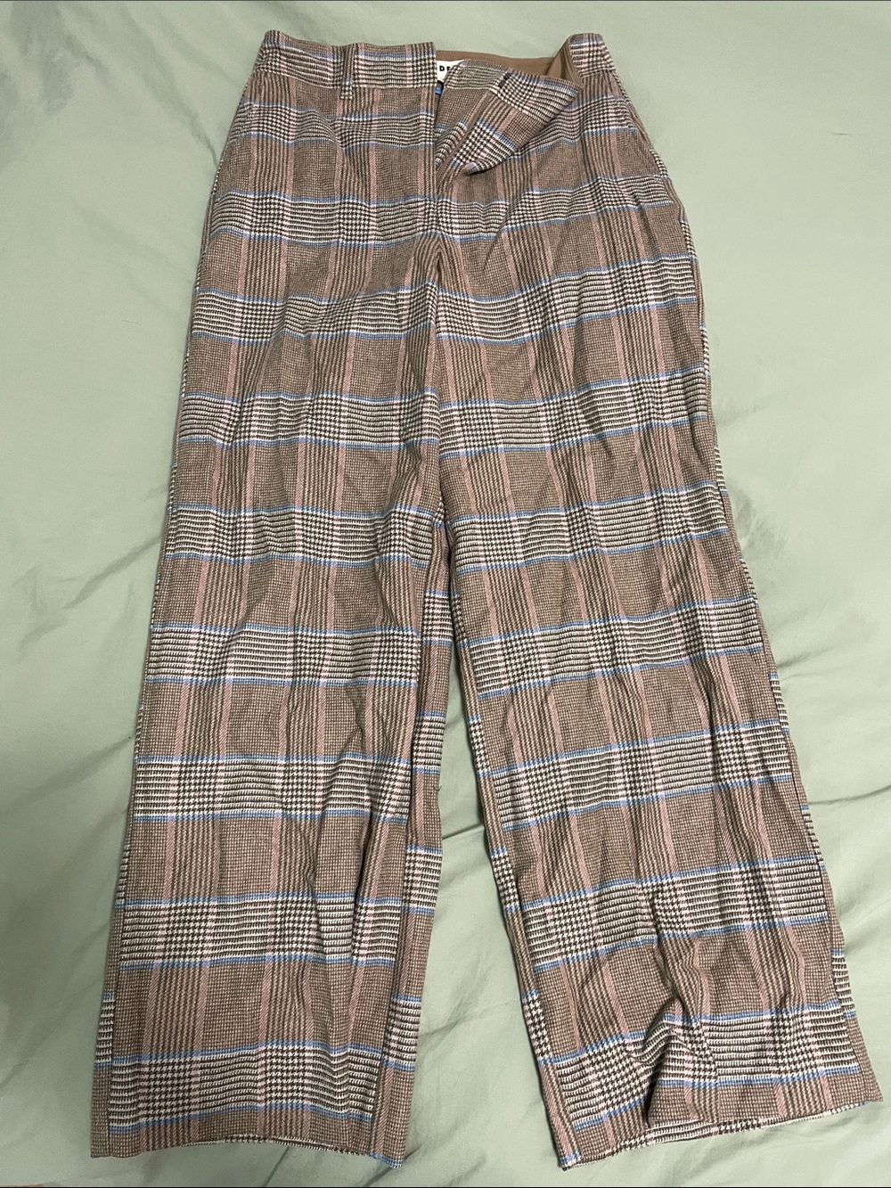 Boden Taupe and Blue Glen Plaid Wide-Leg Trousers